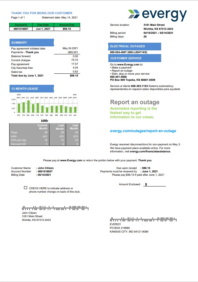 USA Missouri Evergy electricity utility bill template in .doc and .pdf format